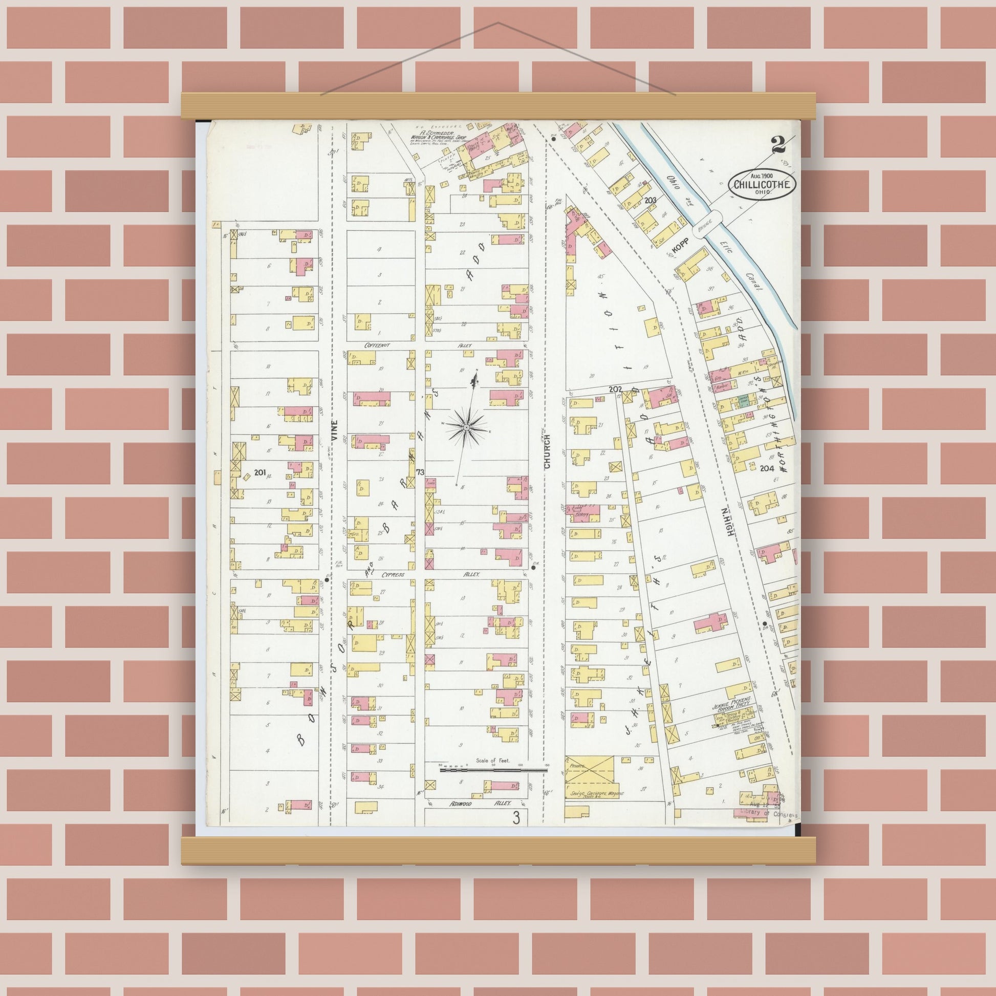 Old map wall art mockup — magnetic wood frame on brick wall — Sanborn Fire Insurance Map from Chillicothe, Ross County, Ohio (1900), Sheet #0002