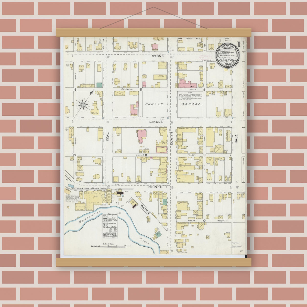 Old map wall art mockup — magnetic wood frame on brick wall — Sanborn Fire Insurance Map from Osceola Mills, Clearfield County, Pennsylvania (1892) - Complete Map Set