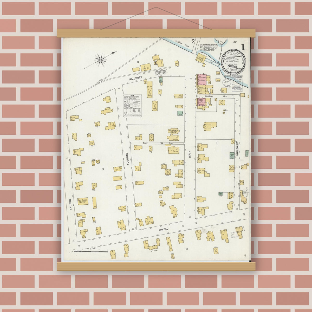 Old map wall art mockup — magnetic wood frame on brick wall — Sanborn Fire Insurance Map from Candor, Tioga County, New York (1900) - Complete Map Set