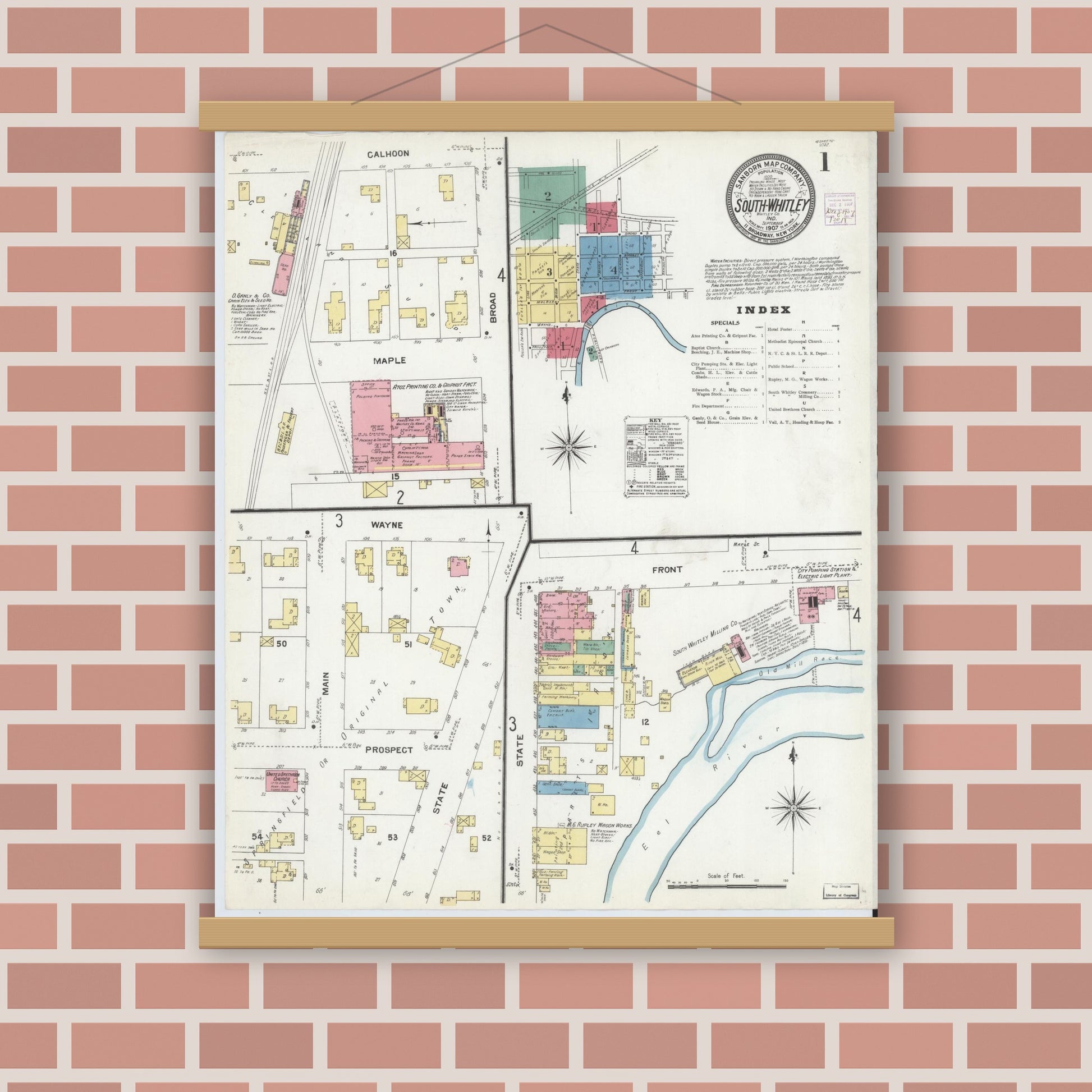 Old map wall art mockup — magnetic wood frame on brick wall — Sanborn Fire Insurance Map from South Whitley, Whitley County, Indiana (1907), Sheet #0001
