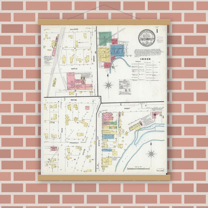 Old map wall art mockup — magnetic wood frame on brick wall — Sanborn Fire Insurance Map from South Whitley, Whitley County, Indiana (1907), Sheet #0001