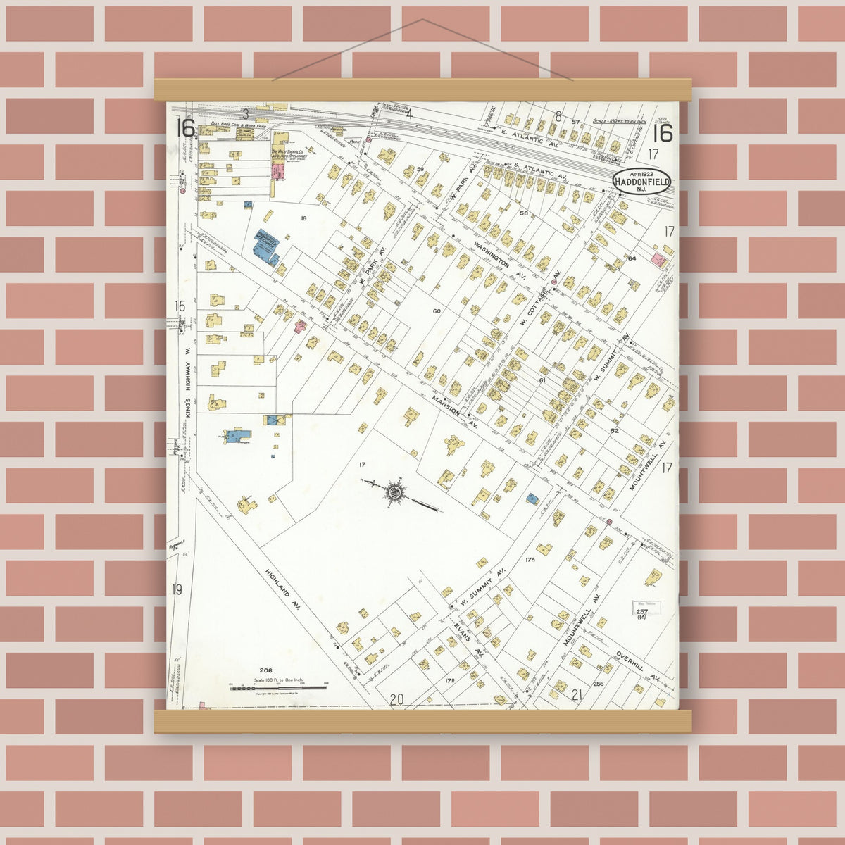 Old map wall art mockup — magnetic wood frame on brick wall — Sanborn Fire Insurance Map from Haddonfield, Camden County, New Jersey (1923), Sheet #0016