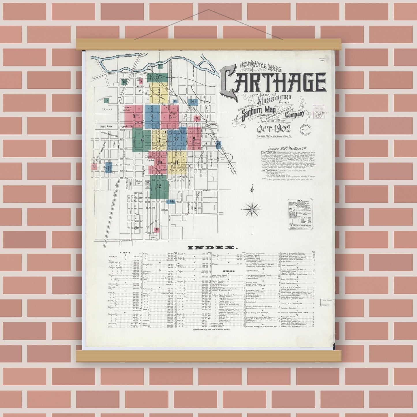 Old map wall art mockup — magnetic wood frame on brick wall — Sanborn Fire Insurance Map from Carthage, Jasper County, Missouri (1902) - Complete Map Set