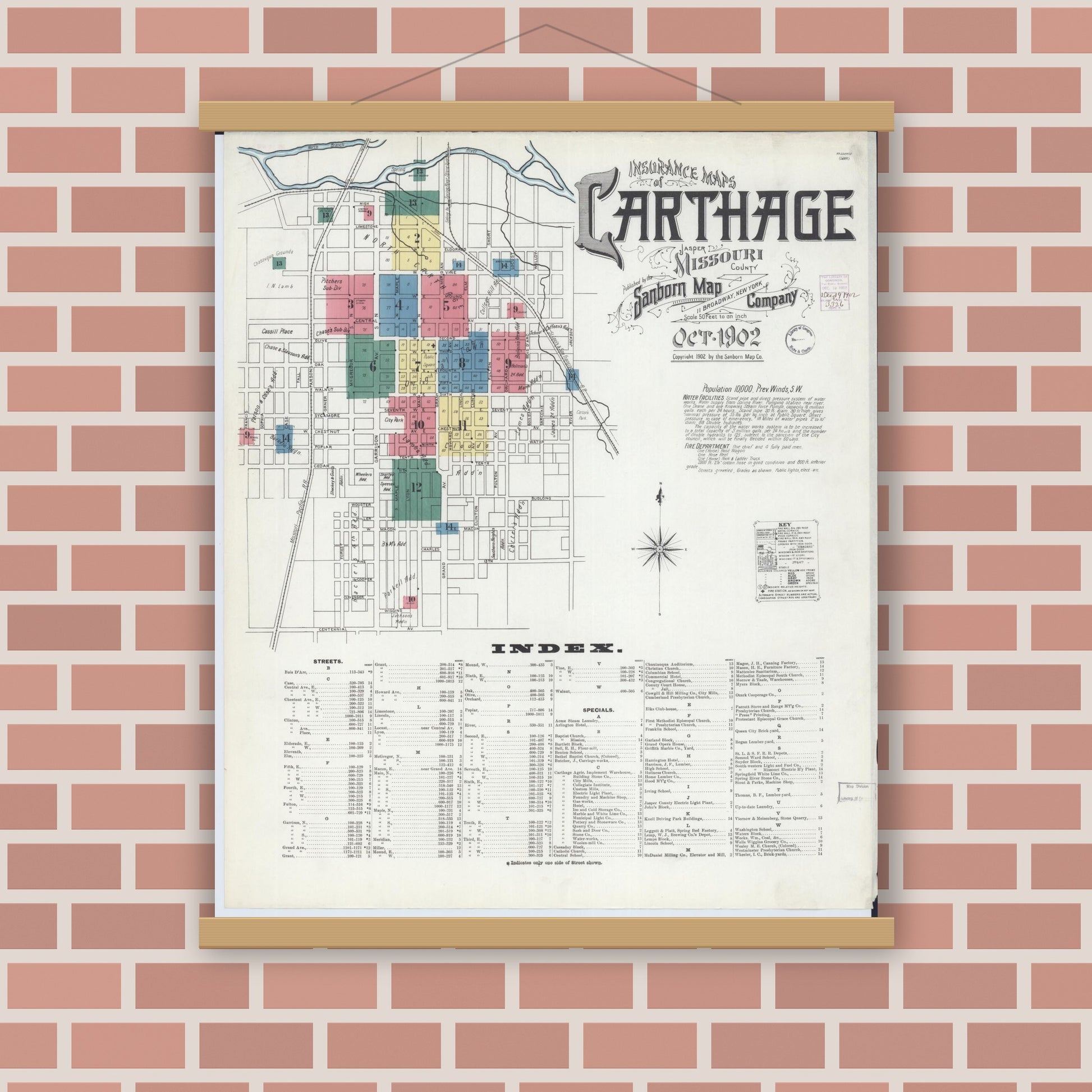 Old map wall art mockup — magnetic wood frame on brick wall — Sanborn Fire Insurance Map from Carthage, Jasper County, Missouri (1902) - Complete Map Set