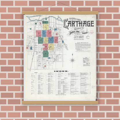 Old map wall art mockup — magnetic wood frame on brick wall — Sanborn Fire Insurance Map from Carthage, Jasper County, Missouri (1902) - Complete Map Set