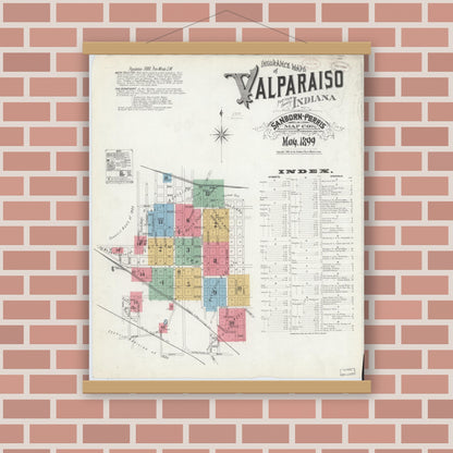 Old map wall art mockup — magnetic wood frame on brick wall — Sanborn Fire Insurance Map from Valparaiso, Porter County, Indiana (1899), Sheet #0001