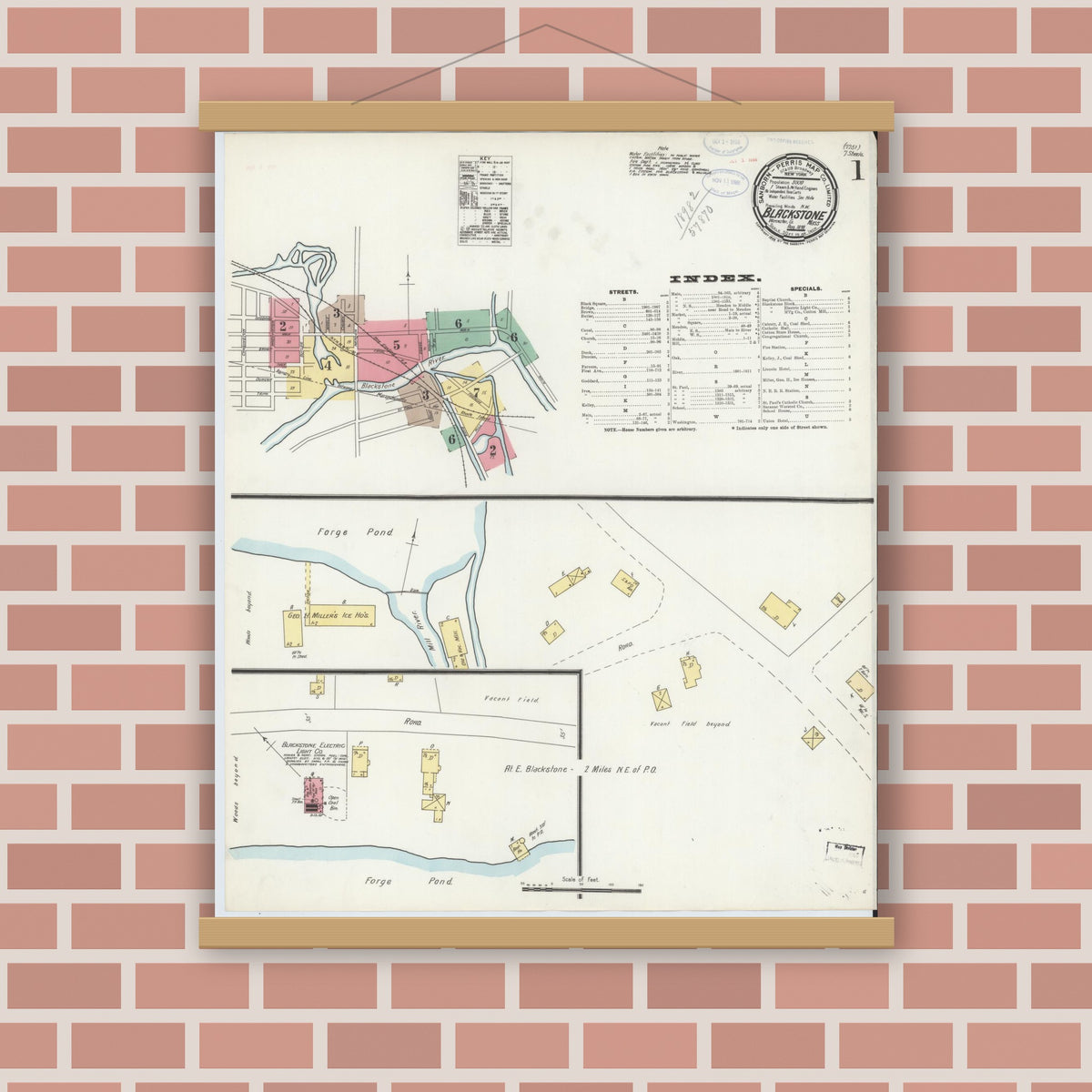 Old map wall art mockup — magnetic wood frame on brick wall — Sanborn Fire Insurance Map from Blackstone, Worcester County, Massachusetts (1898), Sheet #0001