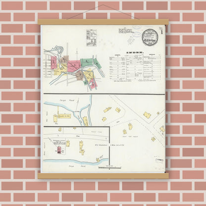 Old map wall art mockup — magnetic wood frame on brick wall — Sanborn Fire Insurance Map from Blackstone, Worcester County, Massachusetts (1898), Sheet #0001