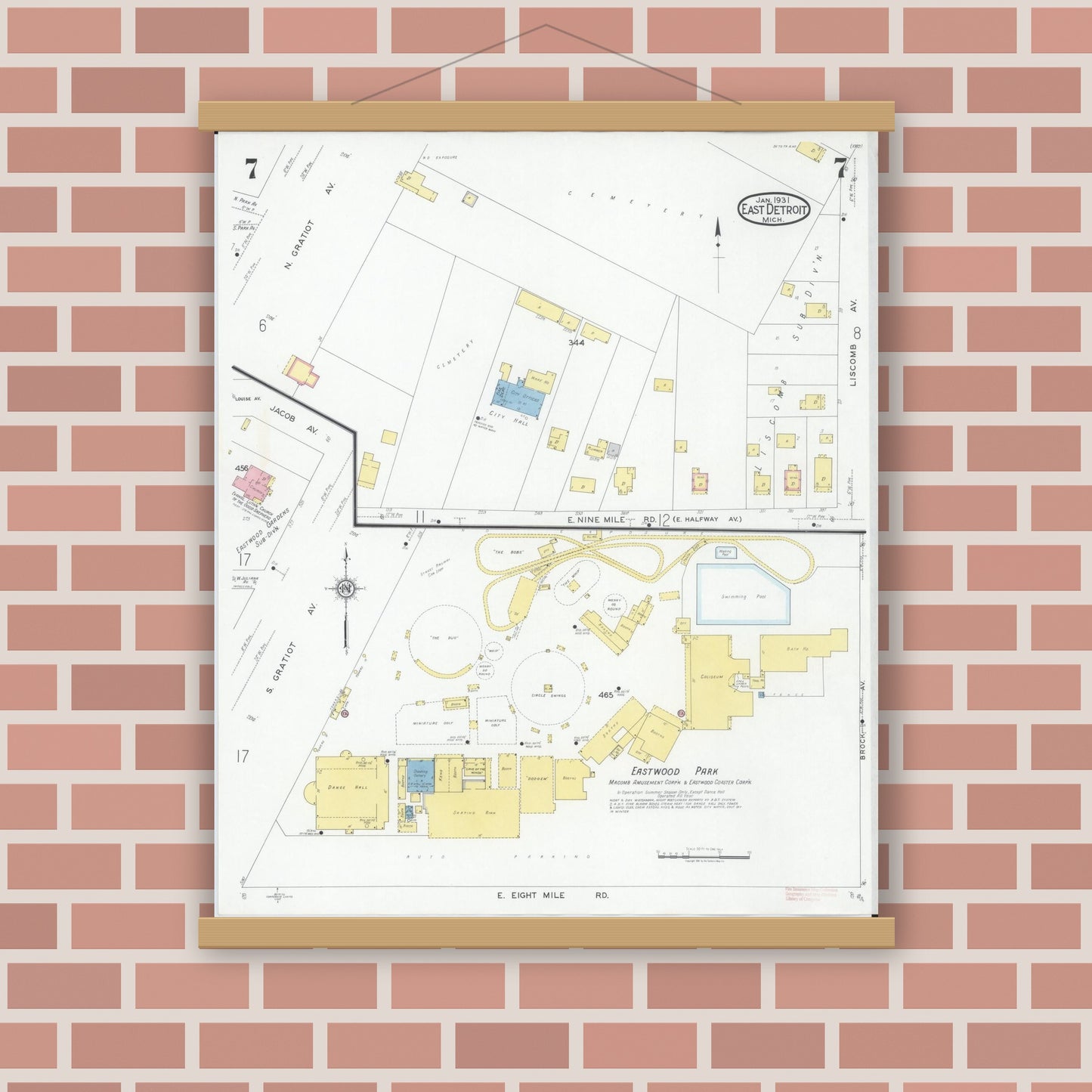 Old map wall art mockup — magnetic wood frame on brick wall — Sanborn Fire Insurance Map from East Detroit, Macomb County, Michigan (1931), Sheet #0007