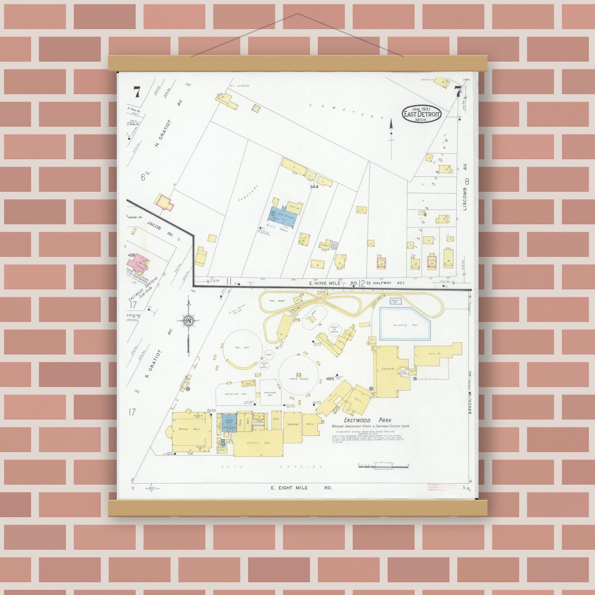 Old map wall art mockup — magnetic wood frame on brick wall — Sanborn Fire Insurance Map from East Detroit, Macomb County, Michigan (1931), Sheet #0007
