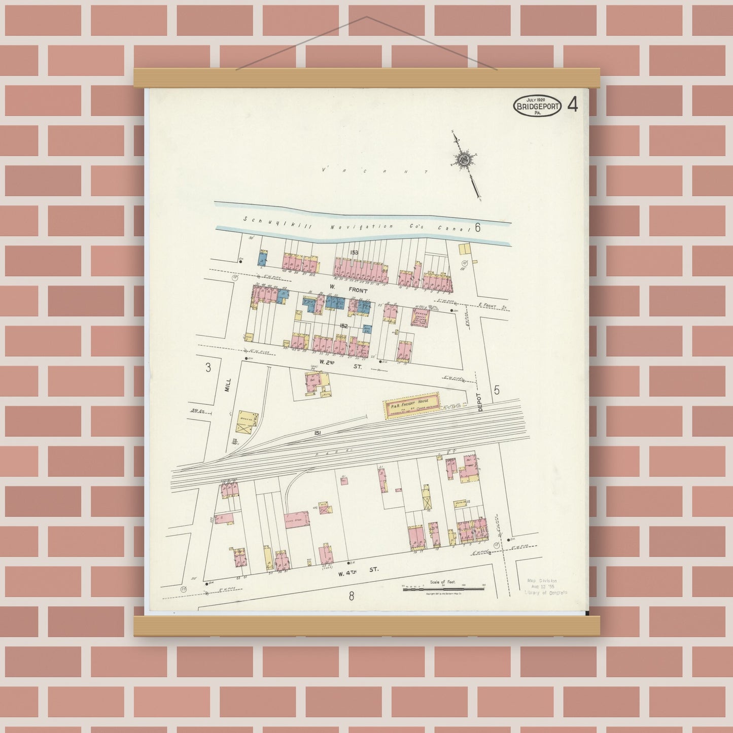 Old map wall art mockup — magnetic wood frame on brick wall — Sanborn Fire Insurance Map from Bridgeport, Montgomery County, Pennsylvania (1920), Sheet #0004