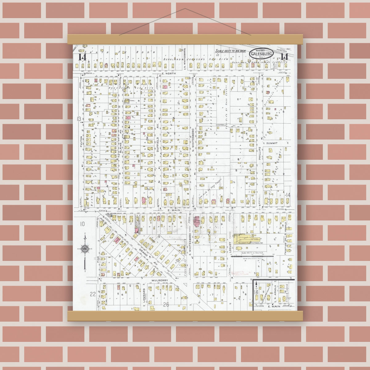 Old map wall art mockup — magnetic wood frame on brick wall — Sanborn Fire Insurance Map from Galesburg, Knox County, Illinois (1927), Sheet #0014