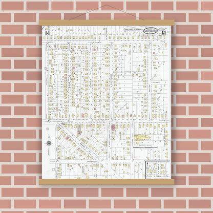 Old map wall art mockup — magnetic wood frame on brick wall — Sanborn Fire Insurance Map from Galesburg, Knox County, Illinois (1927), Sheet #0014