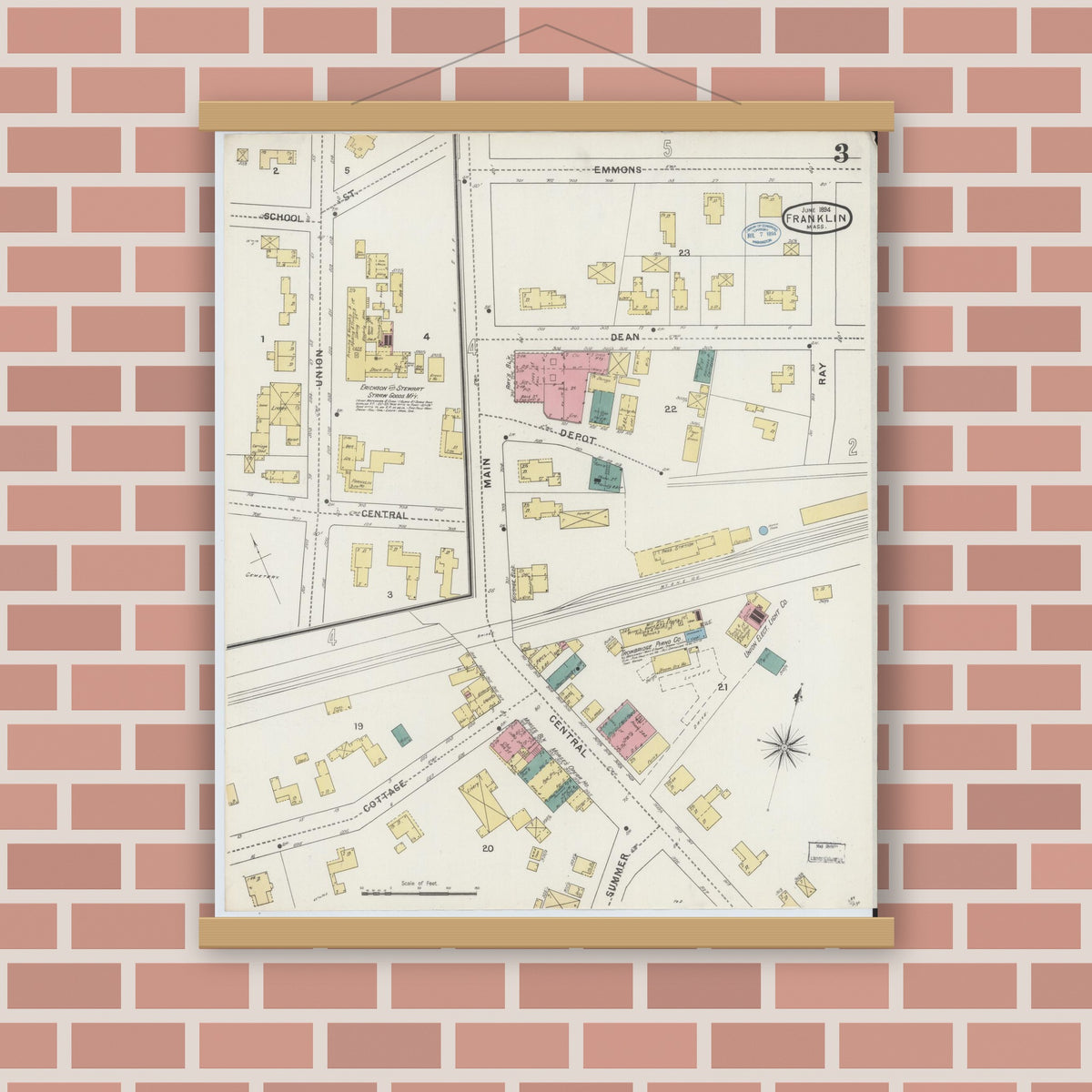 Old map wall art mockup — magnetic wood frame on brick wall — Sanborn Fire Insurance Map from Franklin, Norfolk County, Massachusetts (1894), Sheet #0003