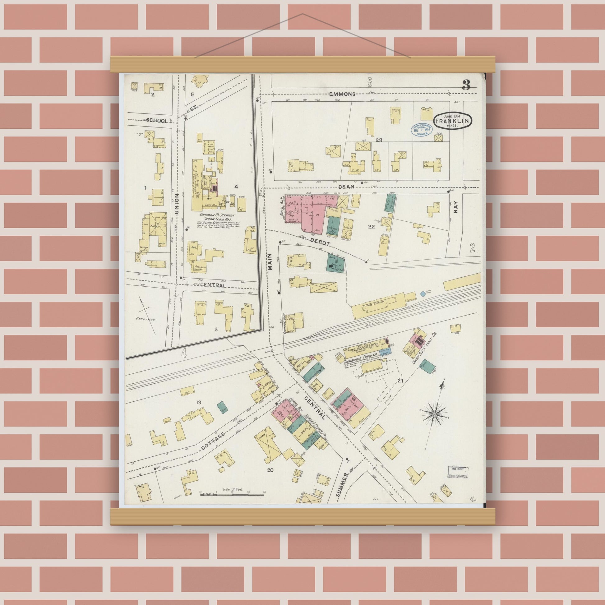 Old map wall art mockup — magnetic wood frame on brick wall — Sanborn Fire Insurance Map from Franklin, Norfolk County, Massachusetts (1894), Sheet #0003