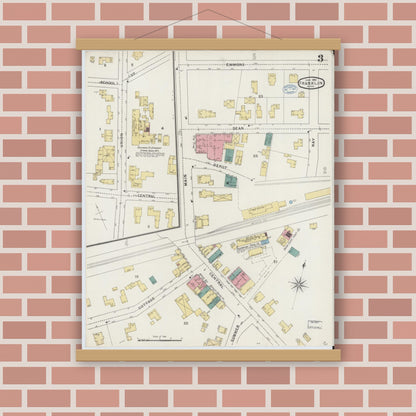 Old map wall art mockup — magnetic wood frame on brick wall — Sanborn Fire Insurance Map from Franklin, Norfolk County, Massachusetts (1894), Sheet #0003
