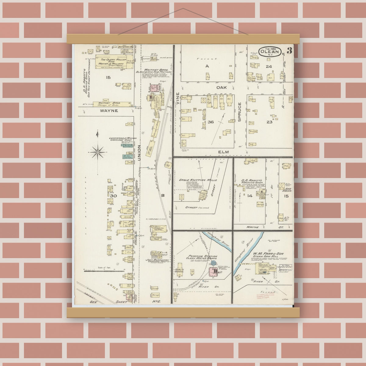 Old map wall art mockup — magnetic wood frame on brick wall — Sanborn Fire Insurance Map from Olean, Cattaraugus County, New York (1886), Sheet #0003