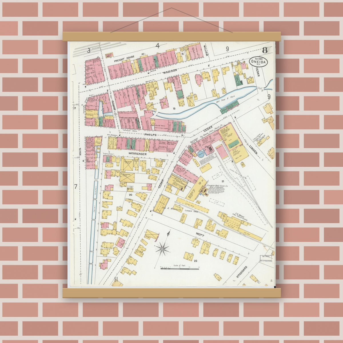 Old map wall art mockup — magnetic wood frame on brick wall — Sanborn Fire Insurance Map from Oneida, Madison County, New York (1904), Sheet #0007