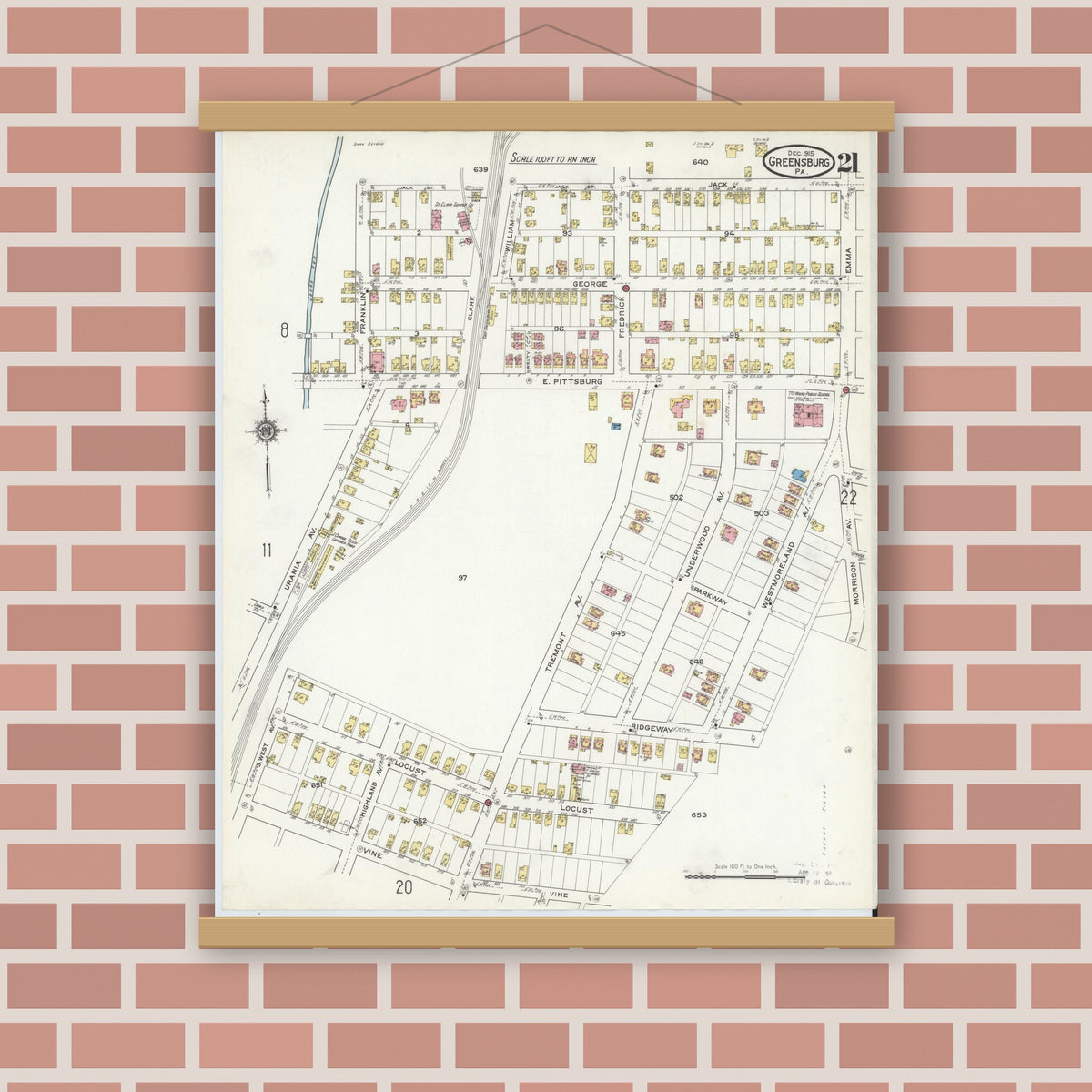 Old map wall art mockup — magnetic wood frame on brick wall — Sanborn Fire Insurance Map from Greensburg, Westmoreland County, Pennsylvania (1915), Sheet #0021