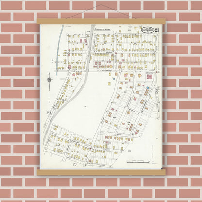Old map wall art mockup — magnetic wood frame on brick wall — Sanborn Fire Insurance Map from Greensburg, Westmoreland County, Pennsylvania (1915), Sheet #0021