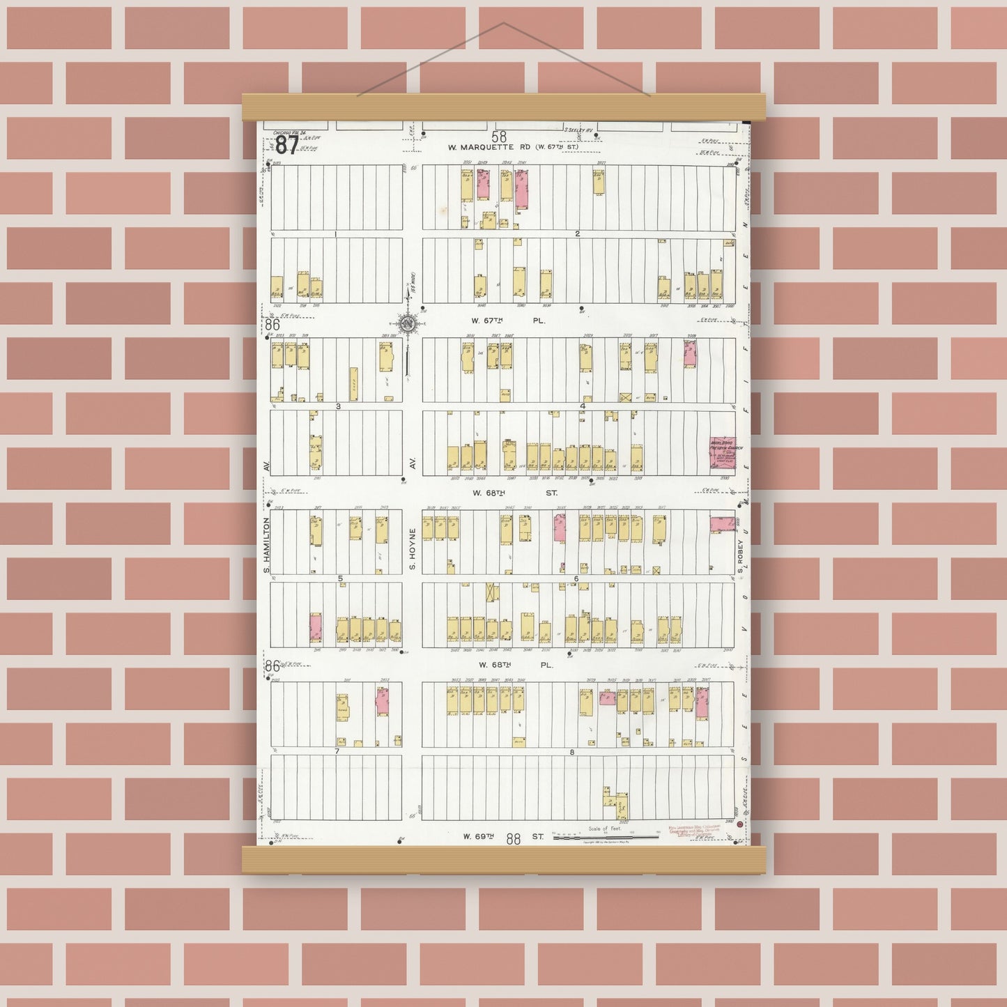 Old map wall art mockup — magnetic wood frame on brick wall — Sanborn Fire Insurance Map from Chicago, Cook County, Illinois (1920), Sheet #0087