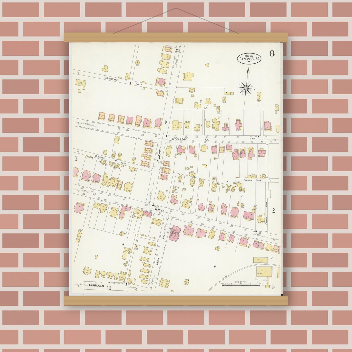 Old map wall art mockup — magnetic wood frame on brick wall — Sanborn Fire Insurance Map from Canonsburg, Washington County, Pennsylvania (1907), Sheet #0008