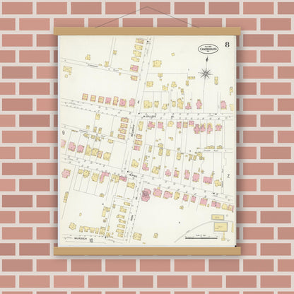 Old map wall art mockup — magnetic wood frame on brick wall — Sanborn Fire Insurance Map from Canonsburg, Washington County, Pennsylvania (1907), Sheet #0008