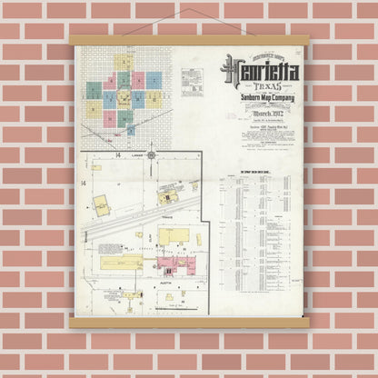 Old map wall art mockup — magnetic wood frame on brick wall — Sanborn Fire Insurance Map from Henrietta, Clay County, Texas (1912) - Complete Map Set