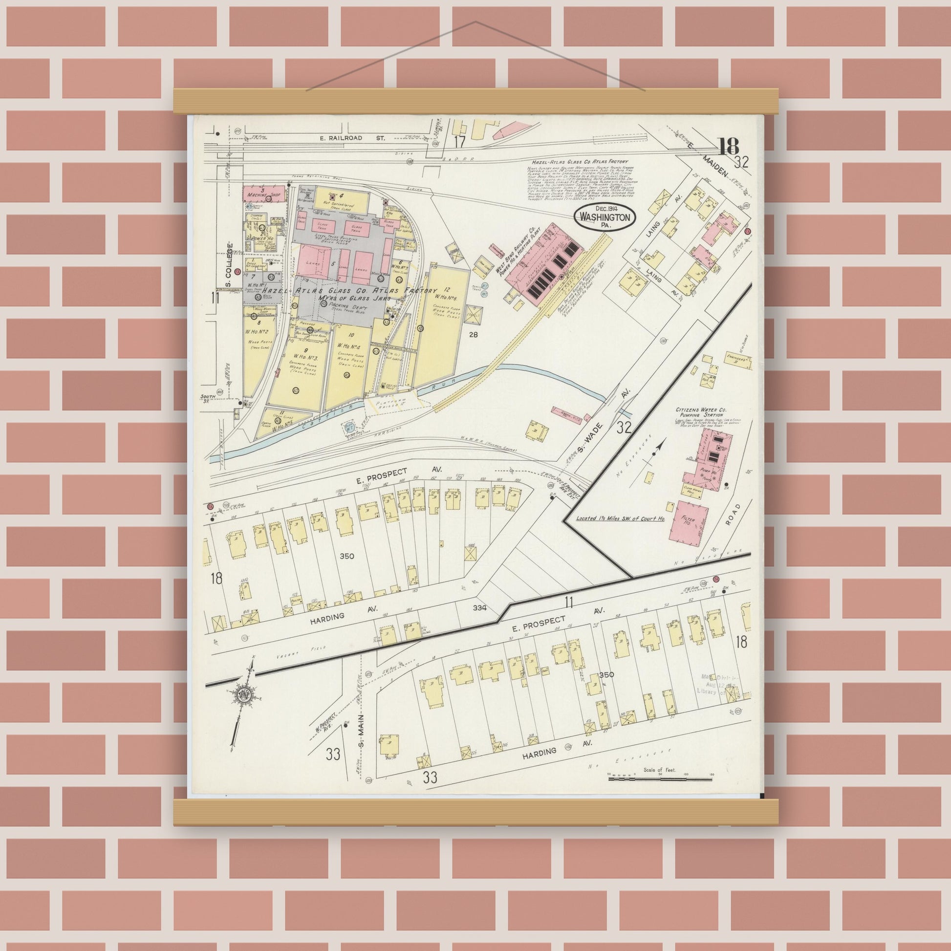 Old map wall art mockup — magnetic wood frame on brick wall — Sanborn Fire Insurance Map from Washington, Washington County, Pennsylvania (1914), Sheet #0018