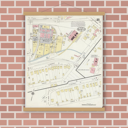 Old map wall art mockup — magnetic wood frame on brick wall — Sanborn Fire Insurance Map from Washington, Washington County, Pennsylvania (1914), Sheet #0018