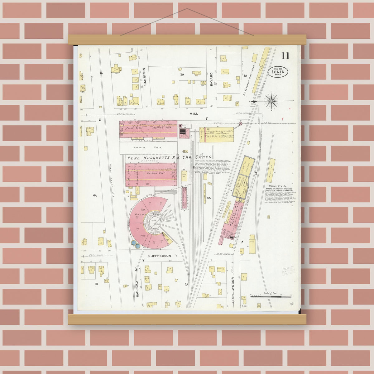 Old map wall art mockup — magnetic wood frame on brick wall — Sanborn Fire Insurance Map from Ionia, Ionia County, Michigan (1907), Sheet #0011