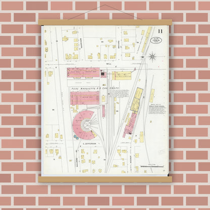 Old map wall art mockup — magnetic wood frame on brick wall — Sanborn Fire Insurance Map from Ionia, Ionia County, Michigan (1907), Sheet #0011