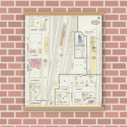 Old map wall art mockup — magnetic wood frame on brick wall — Sanborn Fire Insurance Map from Denison, Grayson County, Texas (1888), Sheet #0004