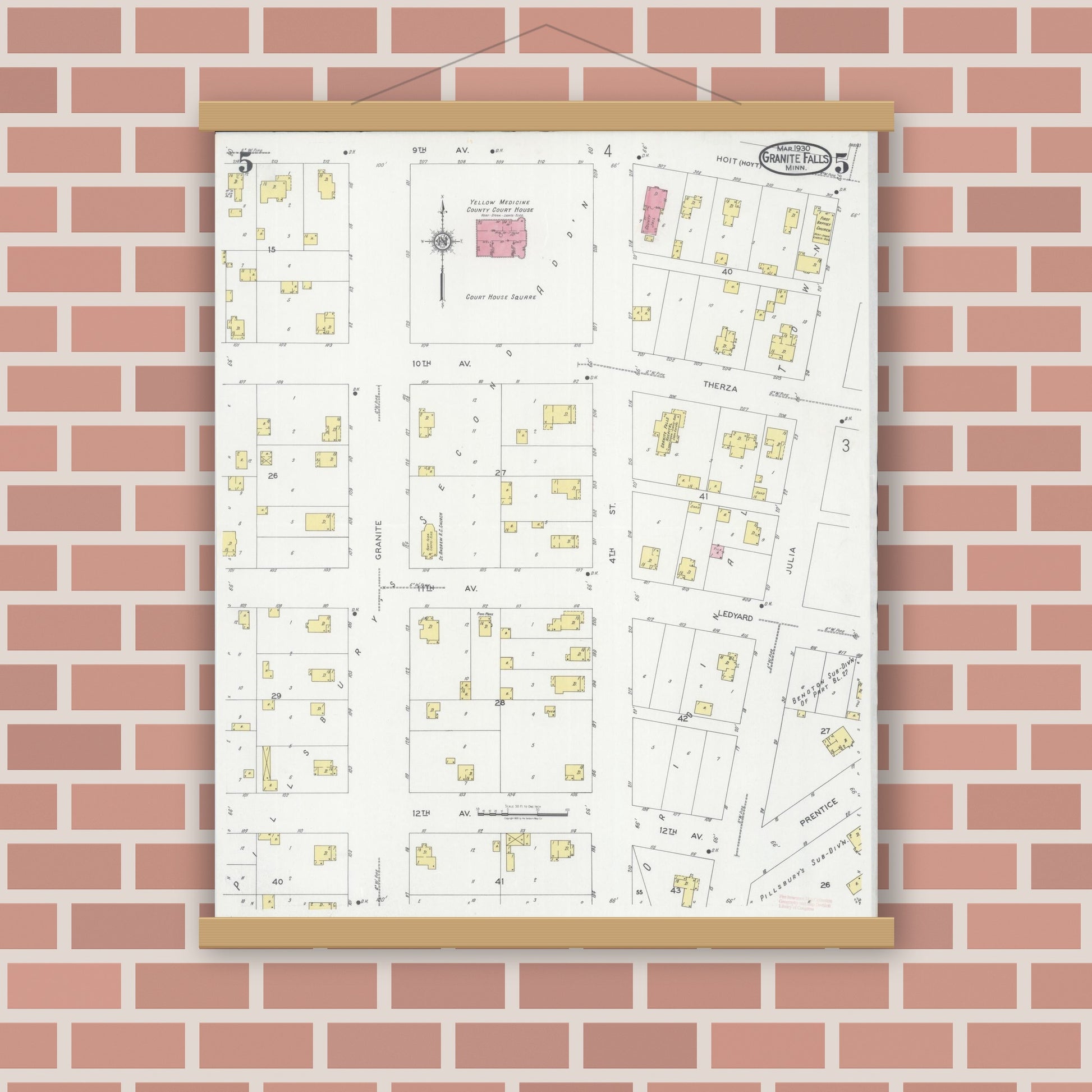 Old map wall art mockup — magnetic wood frame on brick wall — Sanborn Fire Insurance Map from Granite Falls, Yellow Medicine And Chippewa Counties, Minnesota (1930), Sheet #0005