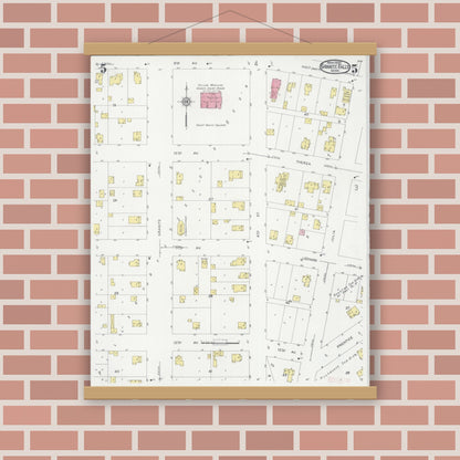 Old map wall art mockup — magnetic wood frame on brick wall — Sanborn Fire Insurance Map from Granite Falls, Yellow Medicine And Chippewa Counties, Minnesota (1930), Sheet #0005