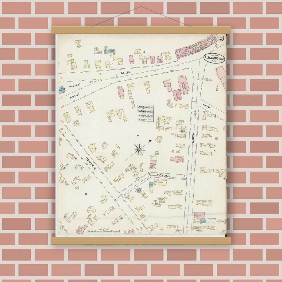 Old map wall art mockup — magnetic wood frame on brick wall — Sanborn Fire Insurance Map from East Hampton, Hampshire County, Massachusetts (1884), Sheet #0003