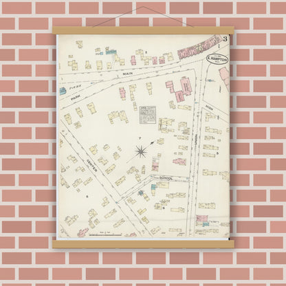 Old map wall art mockup — magnetic wood frame on brick wall — Sanborn Fire Insurance Map from East Hampton, Hampshire County, Massachusetts (1884), Sheet #0003