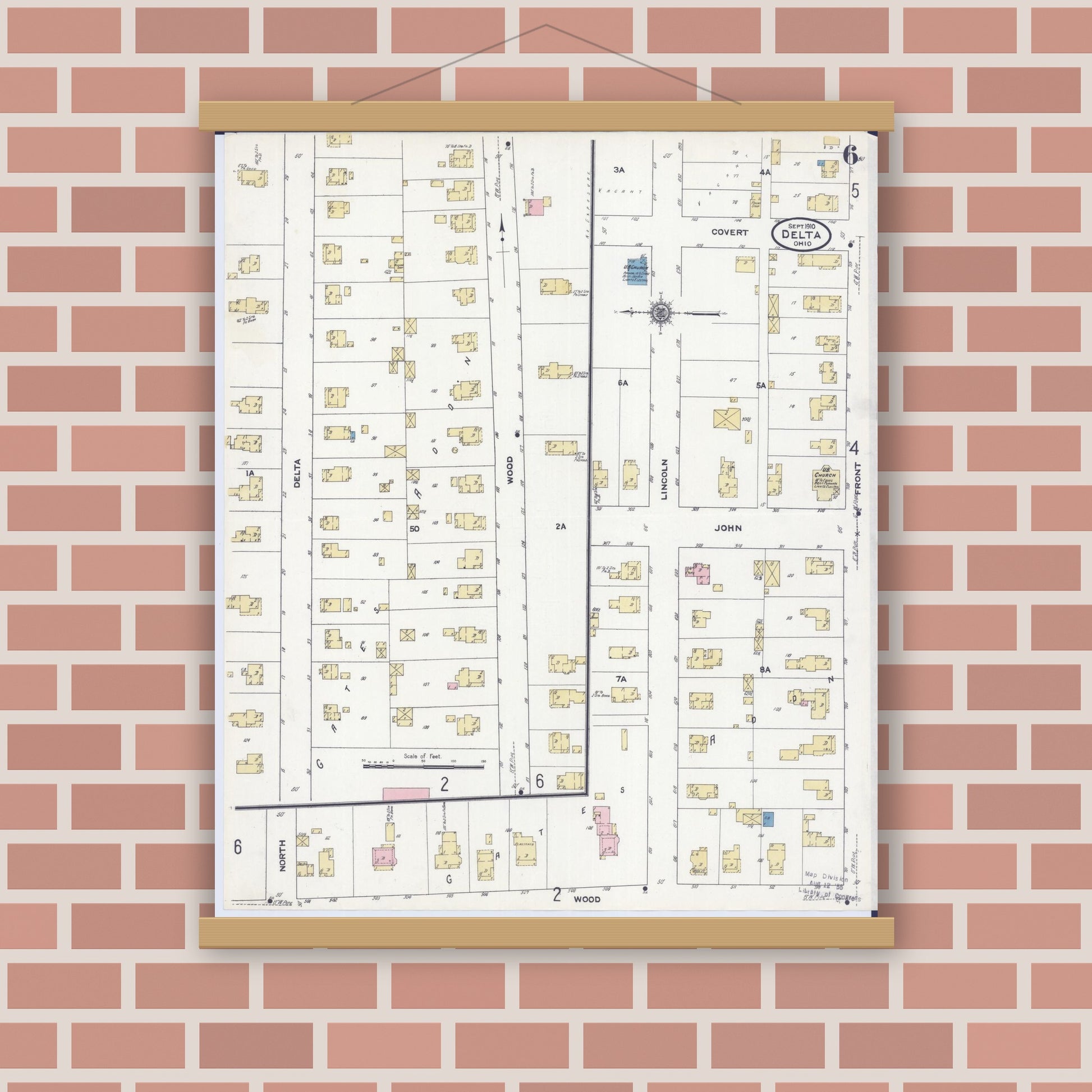 Old map wall art mockup — magnetic wood frame on brick wall — Sanborn Fire Insurance Map from Delta, Fulton County, Ohio (1910), Sheet #0006