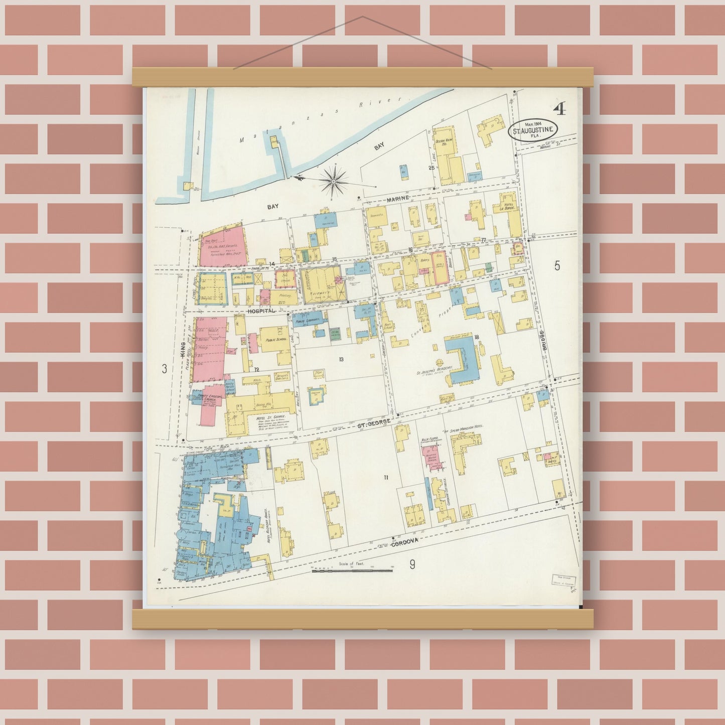 Old map wall art mockup — magnetic wood frame on brick wall — Sanborn Fire Insurance Map from Saint Augustine, Saint John's County, Florida (1904), Sheet #0004