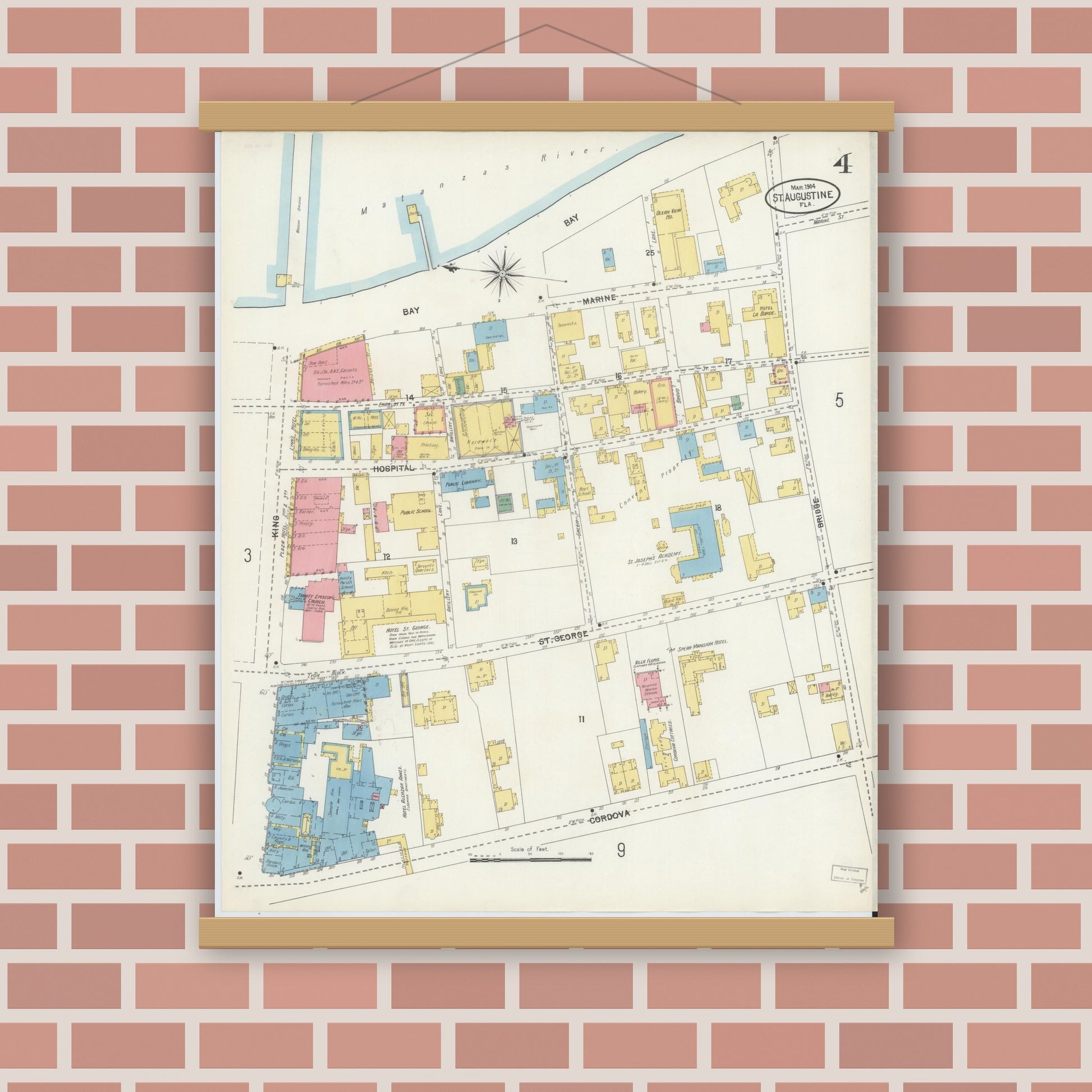 Old map wall art mockup — magnetic wood frame on brick wall — Sanborn Fire Insurance Map from Saint Augustine, Saint John's County, Florida (1904), Sheet #0004