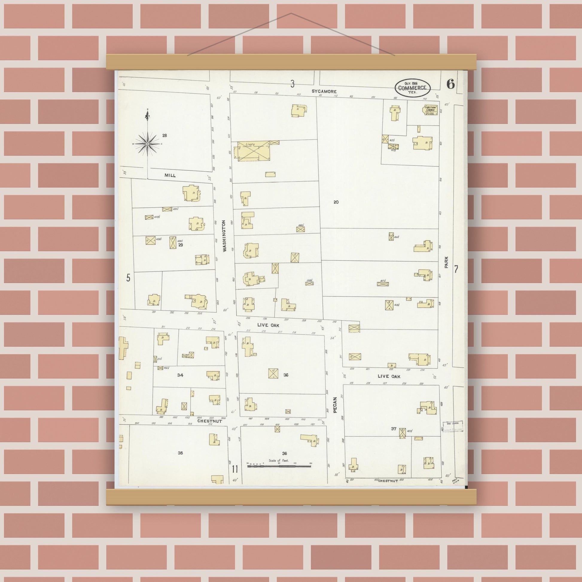 Old map wall art mockup — magnetic wood frame on brick wall — Sanborn Fire Insurance Map from Commerce, Hunt County, Texas (1906), Sheet #0006