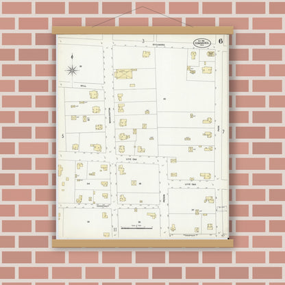 Old map wall art mockup — magnetic wood frame on brick wall — Sanborn Fire Insurance Map from Commerce, Hunt County, Texas (1906), Sheet #0006