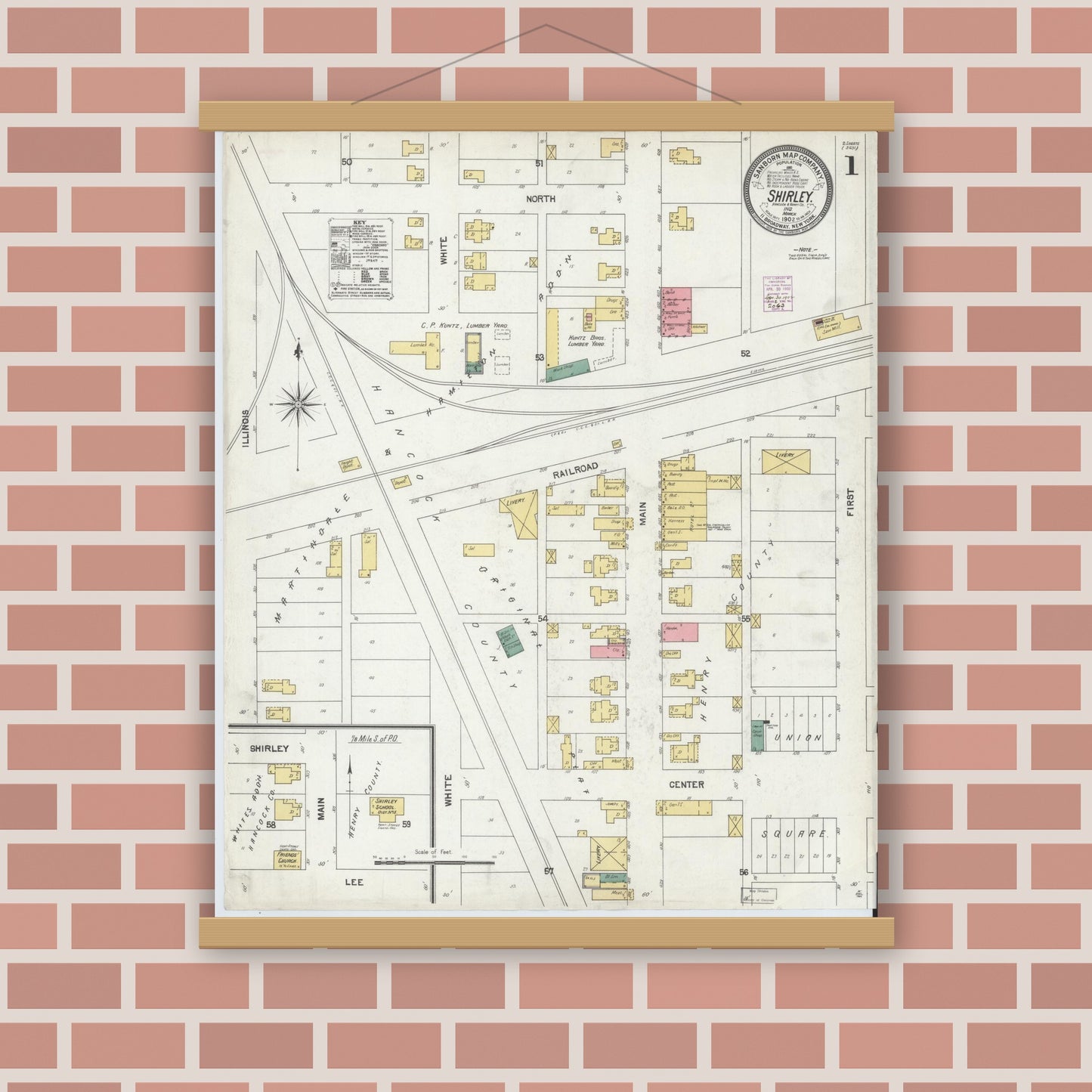 Old map wall art mockup — magnetic wood frame on brick wall — Sanborn Fire Insurance Map from Shirley, Hancock And Henry Counties, Indiana (1902) - Complete Map Set