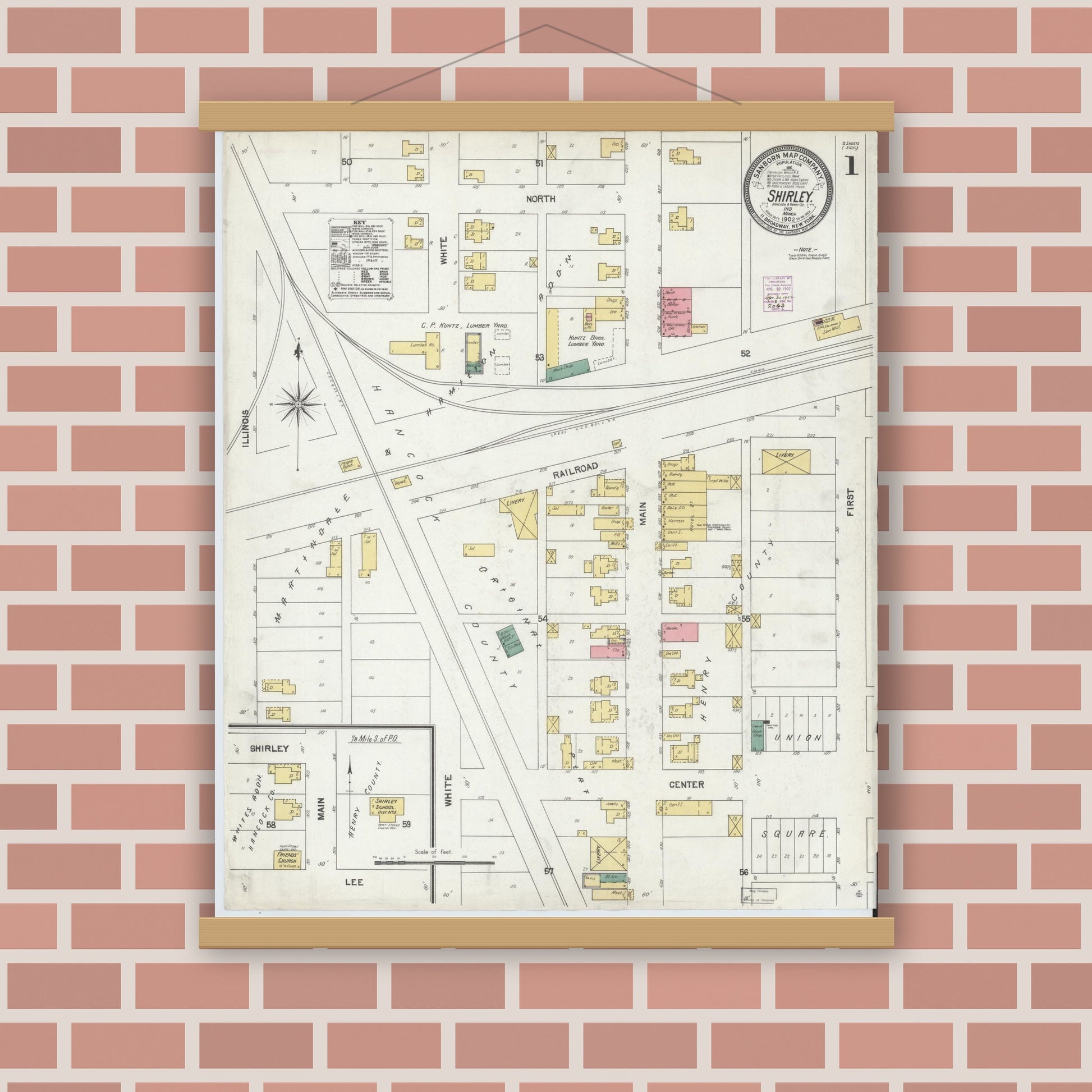 Old map wall art mockup — magnetic wood frame on brick wall — Sanborn Fire Insurance Map from Shirley, Hancock And Henry Counties, Indiana (1902) - Complete Map Set