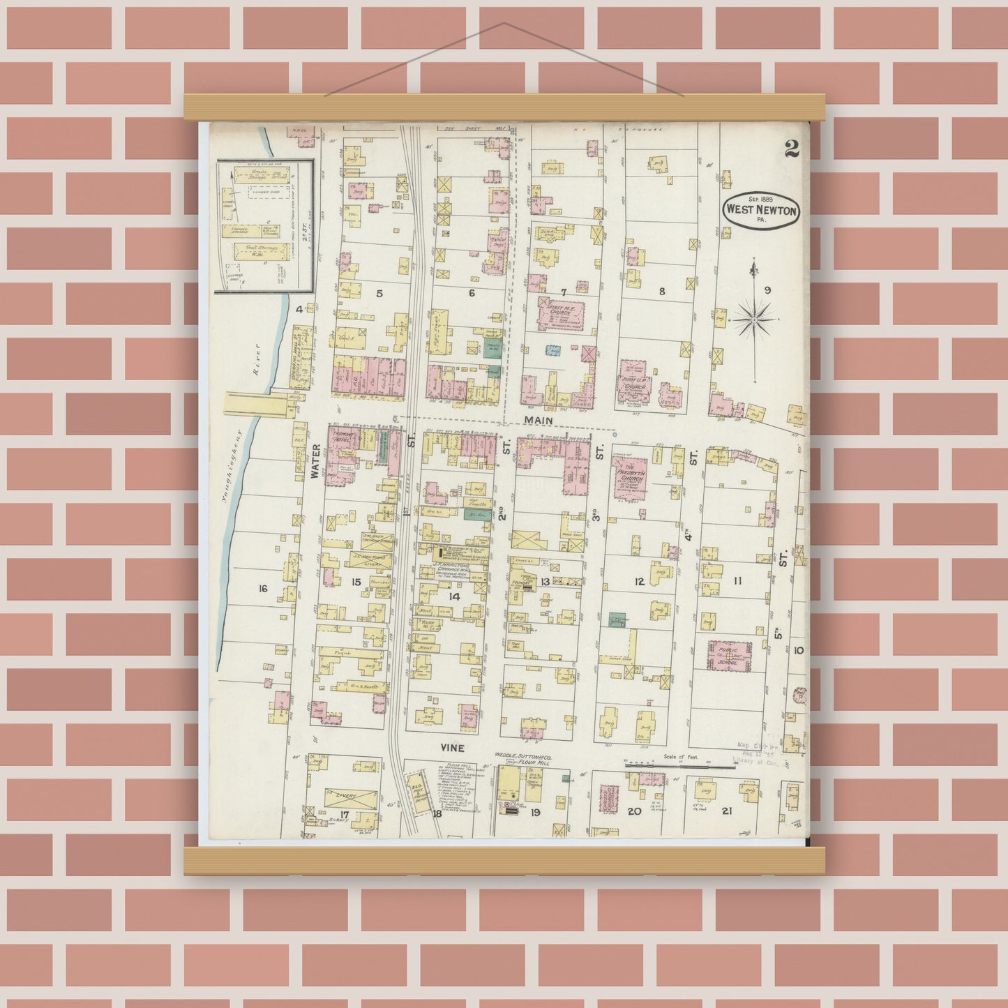 Old map wall art mockup — magnetic wood frame on brick wall — Sanborn Fire Insurance Map from West Newton, Westmoreland County, Pennsylvania (1899), Sheet #0002