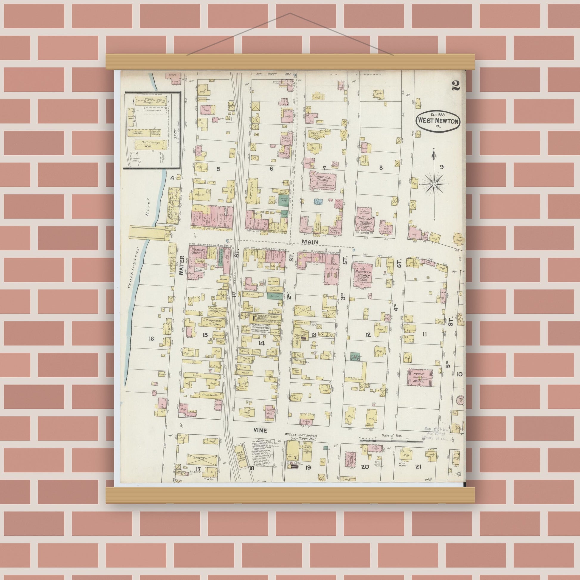 Old map wall art mockup — magnetic wood frame on brick wall — Sanborn Fire Insurance Map from West Newton, Westmoreland County, Pennsylvania (1899), Sheet #0002