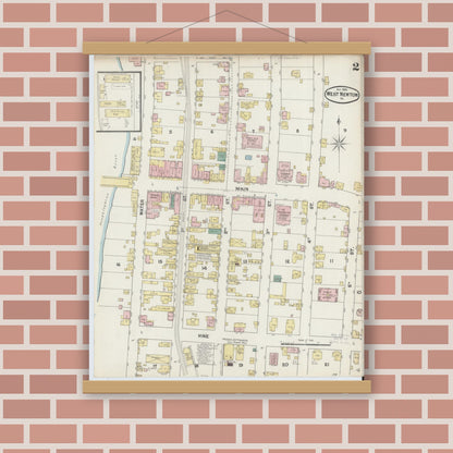 Old map wall art mockup — magnetic wood frame on brick wall — Sanborn Fire Insurance Map from West Newton, Westmoreland County, Pennsylvania (1899), Sheet #0002