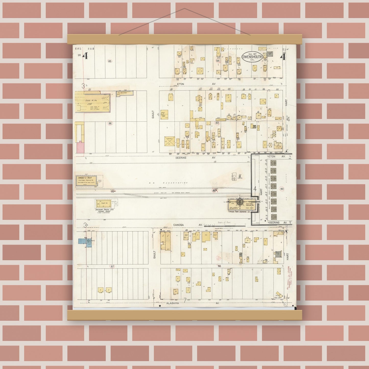 Old map wall art mockup — magnetic wood frame on brick wall — Sanborn Fire Insurance Map from Canoga Park, Los Angeles County, California (1932), Sheet #0004
