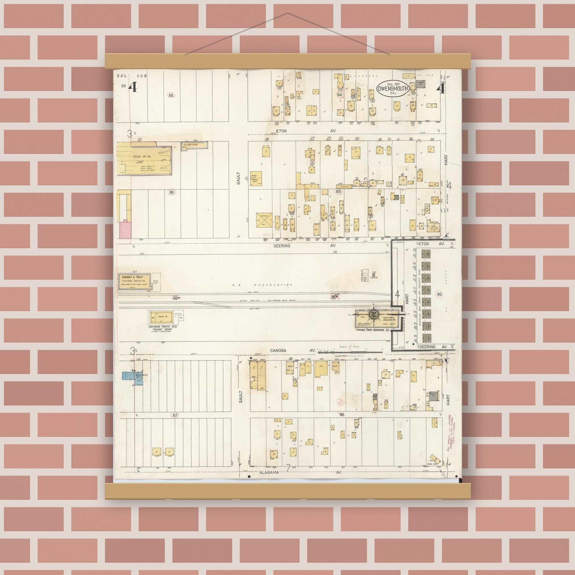 Old map wall art mockup — magnetic wood frame on brick wall — Sanborn Fire Insurance Map from Canoga Park, Los Angeles County, California (1932), Sheet #0004