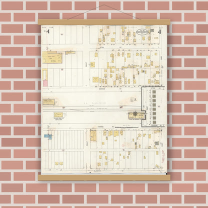 Old map wall art mockup — magnetic wood frame on brick wall — Sanborn Fire Insurance Map from Canoga Park, Los Angeles County, California (1932), Sheet #0004